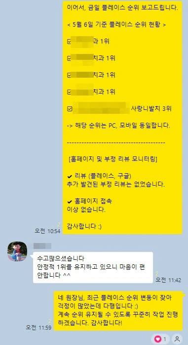 윈에이드에 맡긴 원장님이 보내 온 메시지. 이름과 병원명은 가렸습니다